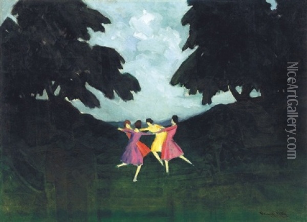 Tancolo Lanyok Az Erdoben - Dancing Girls In The Forest Oil Painting - Oedoen Vaszko