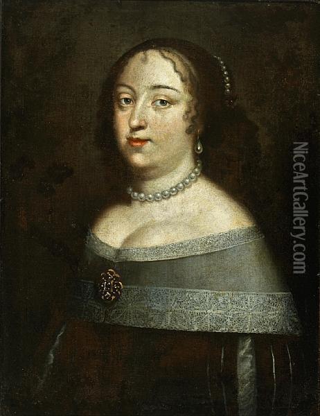A Portrait Of A Lady, Half-length, With A Pearl Necklace Oil Painting - Charles Beaubrun