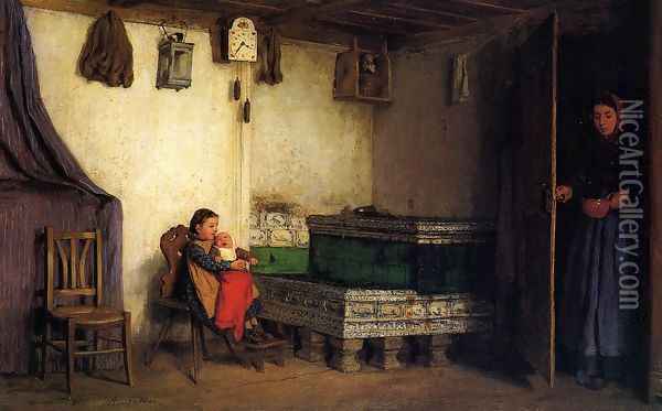 An Interior with Mother and Children Oil Painting - Albert Anker