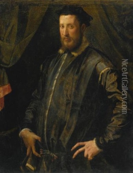 Portrait Of A Man, Half Length, Standing Before A Curtain Oil Painting - Francesco del Rossi (Salviati)