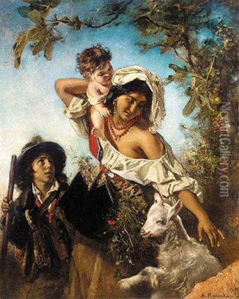 Eine Italienische Hirtenfamilie (an Italian Shepherd Family) Oil Painting - Anton Romako