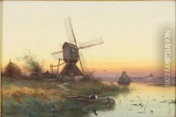 Fishing Along The Shore At Dusk- Holland Oil Painting - George F. Schultz