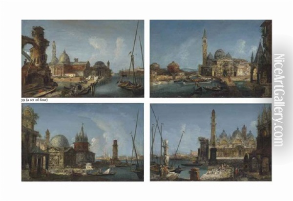 A Capriccio Of The Church Of San Pietro In Castello With A Temple And Elegant Figures Conversing By A Bridge, Others On Boats...(set Of 4 Works) Oil Painting - Michele Marieschi