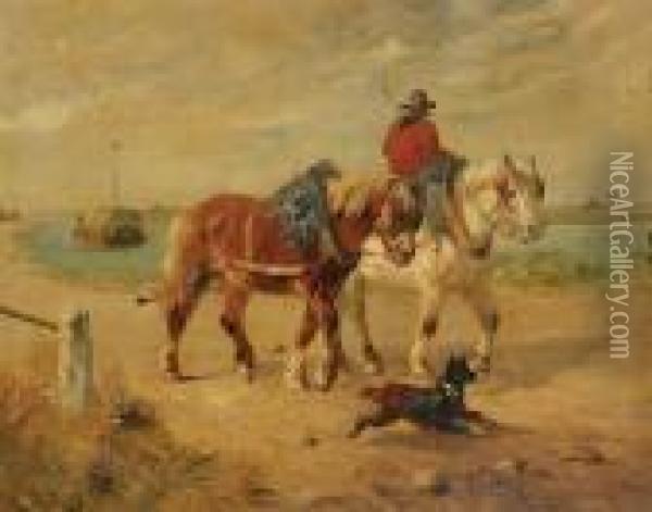 Garnaalvisser Met Twee Paarden Enhond Aan Het Strand Oil Painting - Henry Schouten