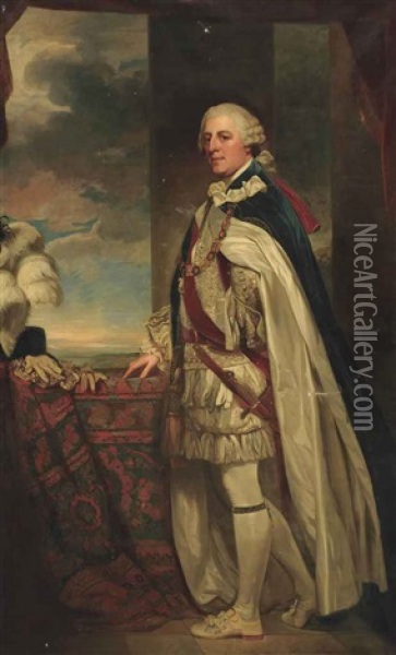 Portrait Of Granville Leveson-gower, 2nd Earl Gower (1721-1803), Full-length, In Garter Robes, Wearing The Chain Of The Order Of The Garter Oil Painting - George Romney