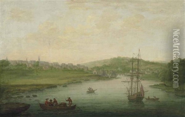 A View Of A Riverside Town, Possibly Ballyshannon On The River Erne, Ireland, With A Man-of-war And Figures In A Rowing Boat In The Foreground Oil Painting - Gabriele Ricciardelli