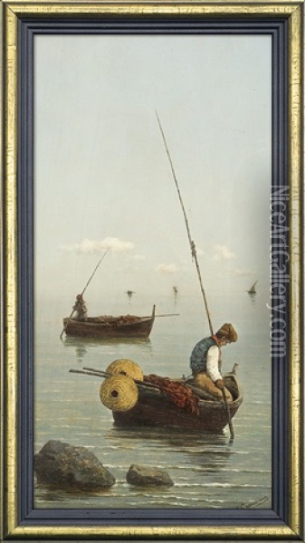 The Gulf Of Naples. Fisherman In The Sail Boat Oil Painting - Vittorio Capessiero