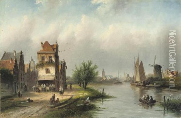 A Riverside Town In Summer Oil Painting - Jan Jacob Coenraad Spohler