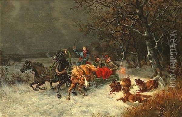 In Winterlicher Landschaft Wird Eine Troika Von Wolfen Angegriffen Oil Painting - Eduard Goetzelmann