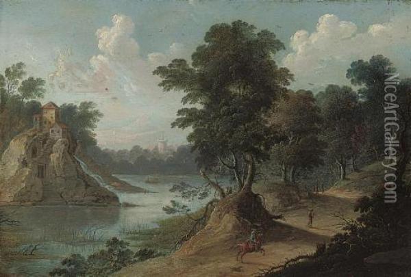 A Wooded River Landscape With A Horseman And Tavellers On A Track, Mountains Beyond Oil Painting - Johann Christian Vollerdt or Vollaert