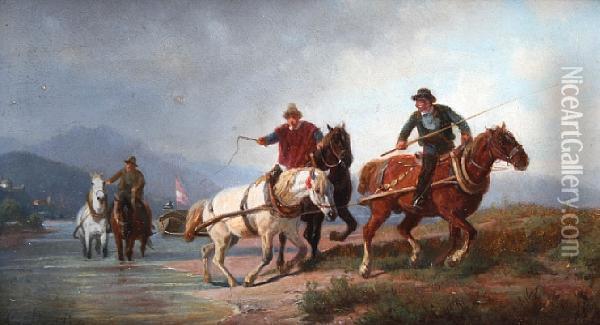A Horse Team Crossing A River Oil Painting - Karl Lieske