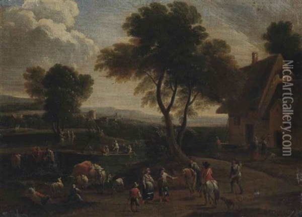 A River Landscape With Travellers On A Track, Villagers Conversing And Fishing Beyond Oil Painting - Pieter Bout