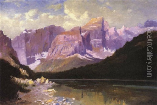 Grossley Lake, Mt. Cleveland, Glacier National Park Oil Painting - John Fery