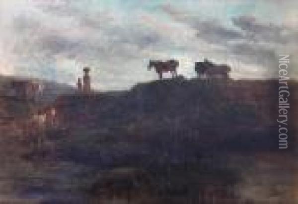 'country Scene' With Mother And 
Child, Andponies On A Hill Top, And Men Working At A Stream Oil Painting - Peter de Wint