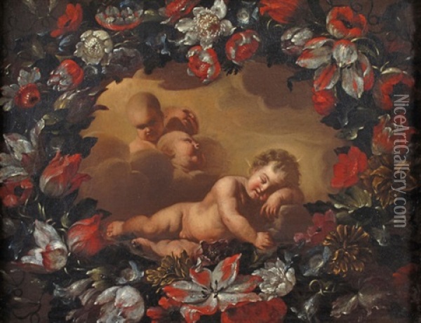 Gesu Bambino Dormiente Con Tre Cherubini, Entro Ghirlanda Di Fiori Oil Painting - Nicola Malinconico