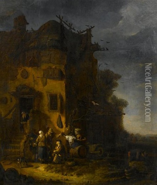 A Peasant Family Before A Farmhouse Oil Painting - Egbert Lievensz van der Poel