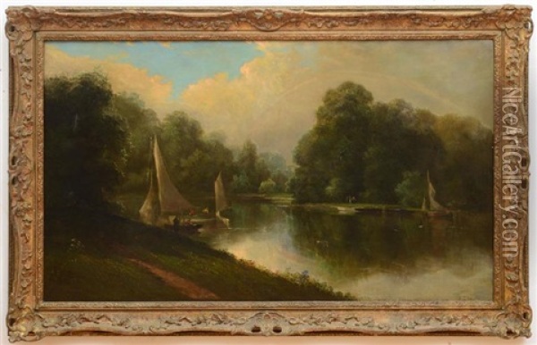 River Landscape With Sailboats Oil Painting - George Wilson