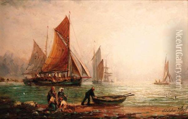 Fishermen Laying Their Nets; And The Returning Fishing Fleet Oil Painting - Adolphus Knell