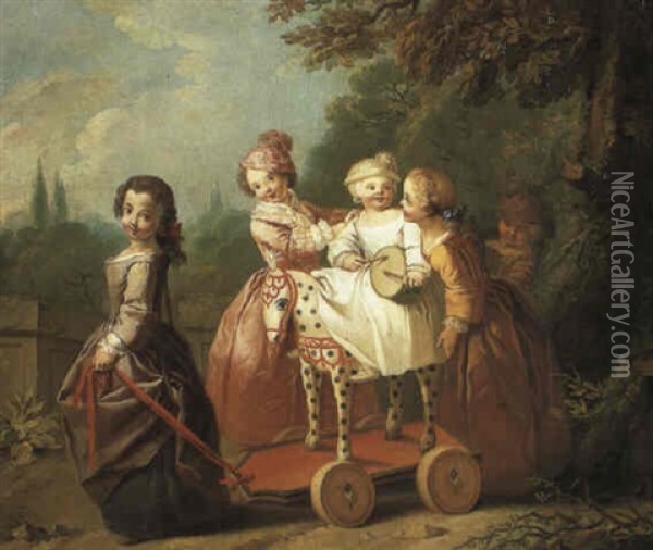 Young Boy On A Hobbyhorse With Other Children Oil Painting - Etienne Jeaurat