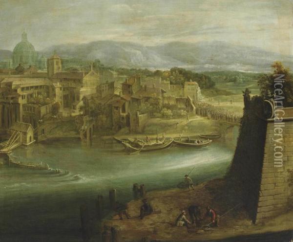 A View Of A Harbour With Figures On A Shore, St. Peter's Oil Painting - Paul Bril