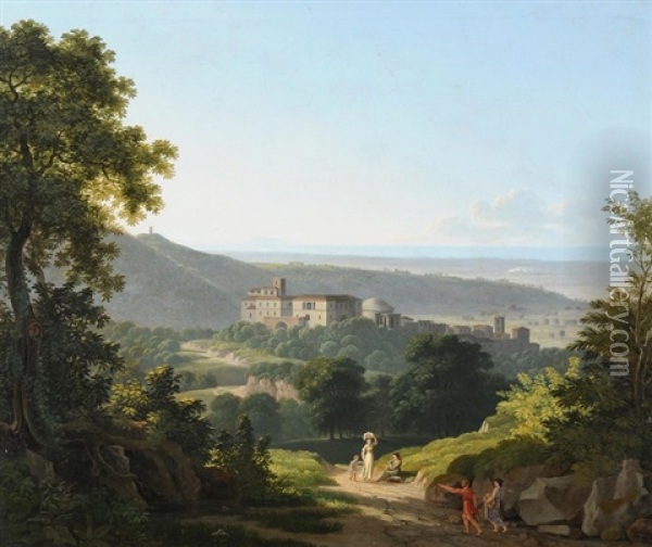 Blick Auf Genzano Und Den Nemisee / Blick Auf Ariccia Mit Dem Chigi-palast Im Vordergrund (pair) Oil Painting - Johannes Hauenstein