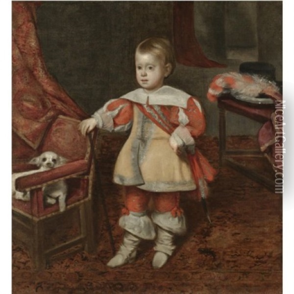 Portrait Of Principe Don Felipe Prospero, Son Of Philip Iv Of Spain, Standing In An Interior, His Right Hand Resting On The Back Of A Chair On Which Sits A Pet Dog Oil Painting - Juan Bautista Martinez del Mazo