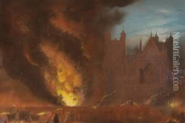 Bonfirenight At Exeter Cathedral Oil Painting - J.A. Mitchell