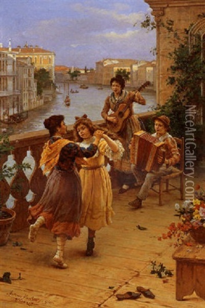 On A Venetian Balcony Oil Painting - Antonio Ermolao Paoletti