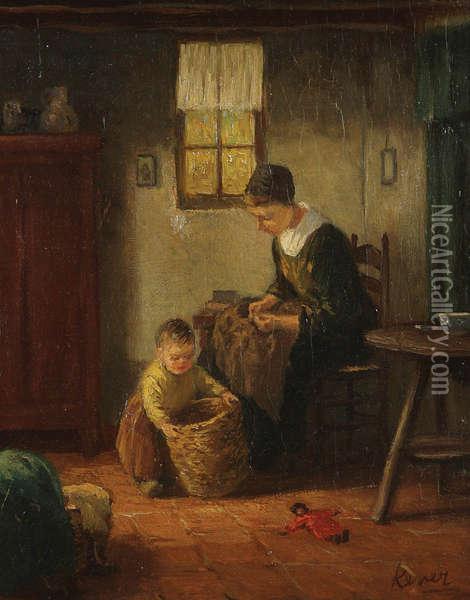 Hollands Boereninterieur Met Moederen Kind Huishoudelijke Taken Verrichtend Oil Painting - Jacob Simon Hendrik Kever