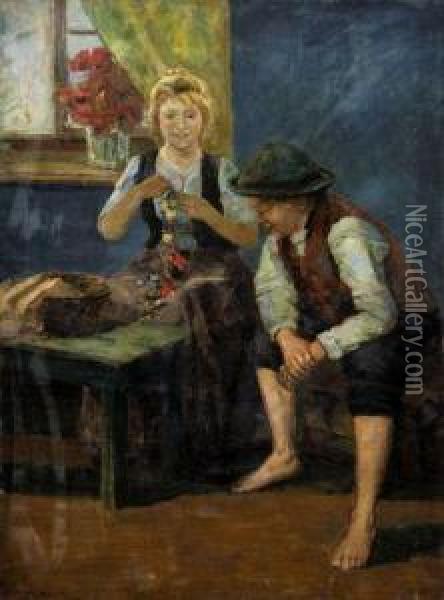 Matka So Synom Pri Okne Oil Painting - Erno Ernest Voros Von Bel