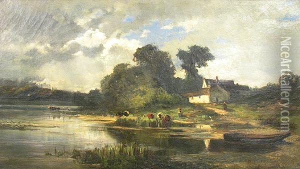 A Cottage On A Lake With Livestock At The Water's Edge Oil Painting - Nicolay Tysland Leganger