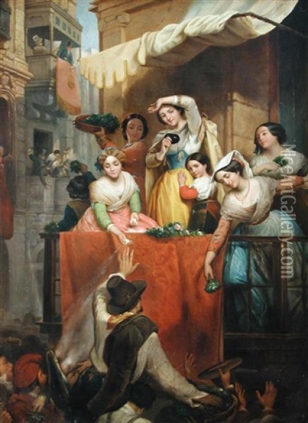 Roman Carnival - Elegant Ladies On A Balcony Casting Sugar Upon Their Admirers Below, With Numerous Figures Round About Them Oil Painting - Wilhelm Wider