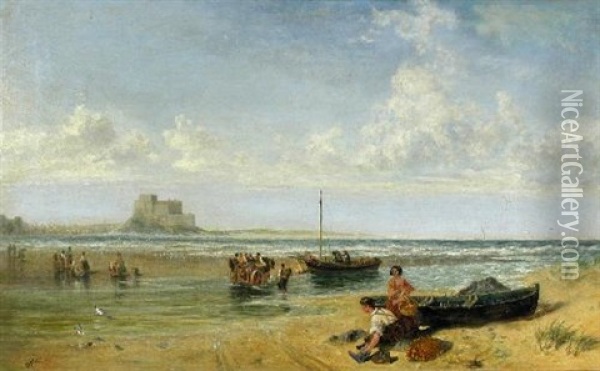 A Castle By The Seashore, With Fisherfolk Crossing An Estuary By Horse-drawn Cart Oil Painting - John Wright Oakes