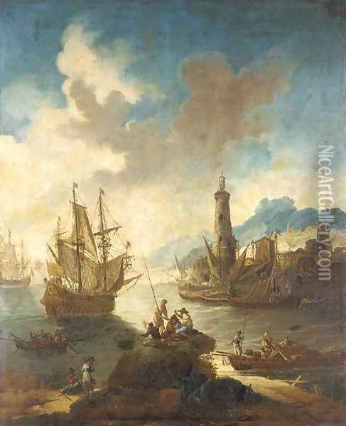 A Mediterranean port with fishermen in the foreground Oil Painting - Adriaen Van Der Cabel