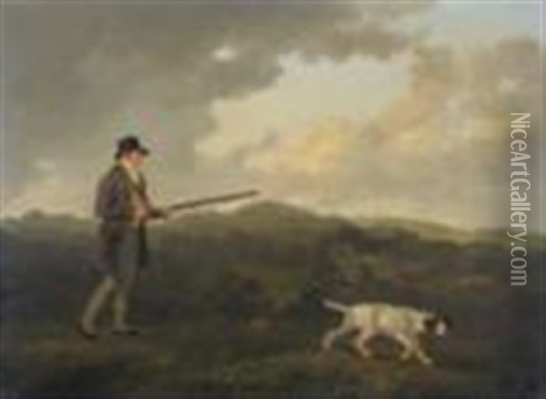 W Danby Esq Of Swinton, Yorkshire, Standing Holding A Gun, A Pointer Nearby Oil Painting - Julius Caesar Ibbetson