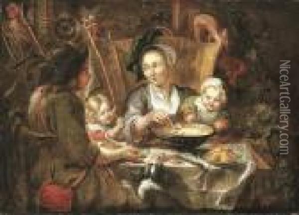 A Peasant Family Dining In An Interior Oil Painting - Jacob Jordaens