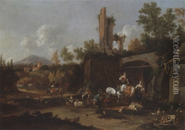 An Italianate Landscape With Peasants At A Forge Among Roman Ruins Oil Painting - Johannes van der Bent