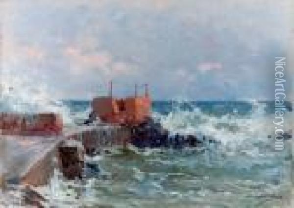 Molo Sotto La Mareggiata - (marina Di Nervi) Oil Painting - Achille Beltrame