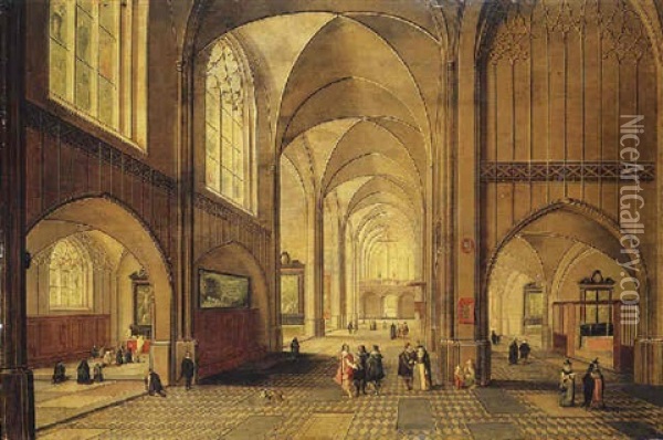 The Interior Of A Cathedral With Elegant Company, A Service In Progress In A Side Chapel Oil Painting - Peeter Neeffs the Younger