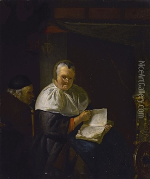 Interior With A Woman Reading By A Spinning Wheel, And A Man Smoking Oil Painting - Anthony van Deyl