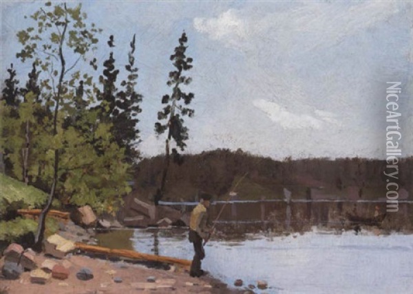 Sommerdag Ved En Norsk Fjord. Ui Forgrunden Fisker En Mand Oil Painting - Edvard Munch