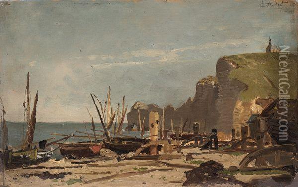 Barques Sur La Plage A Etretat. Oil Painting - Edmond Marie Petitjean