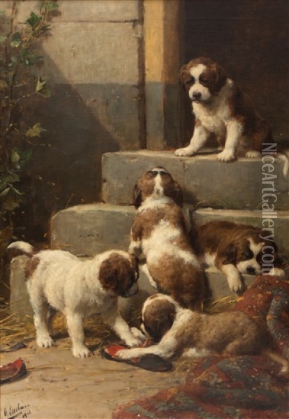 Five Saint Bernard Puppies Oil Painting - Otto Eerelman