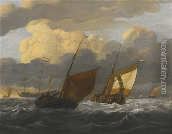 A Kaag And A Smalschip In Choppy Seas, A Dutch Whaler At Anchor Beyond Oil Painting - Wigerus Vitringa