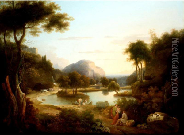 Classical Figures In An Extensive Italianate Landscape, Possibly Lake Arno Oil Painting - Samuel James Ainsley
