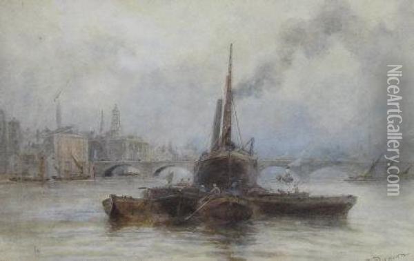 Thames Lighters Unloading Steam Boat Before Bridge On The Riverthames. Oil Painting - Walter Duncan