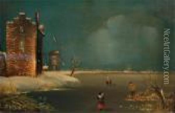 Figures On A Frozen Lake With Windmills Oil Painting - Andreas Schelfhout