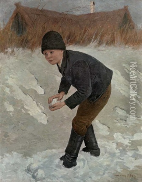Knabe Formt Schneeballe, Im Hintergrund Reetgedeckte Kate Oil Painting - Geza Peske