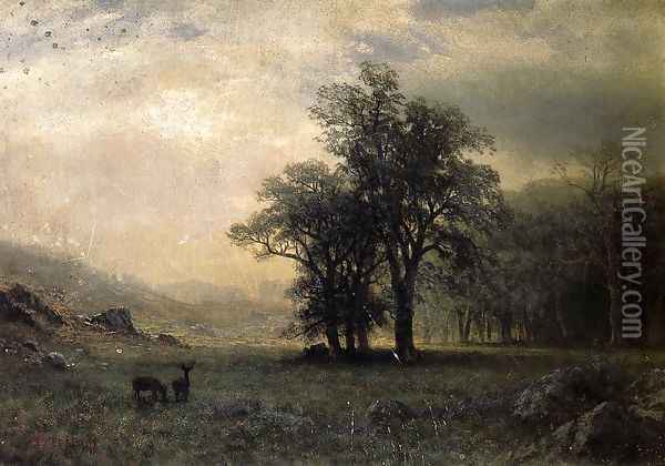 Deer In A Landscape Oil Painting - Albert Bierstadt