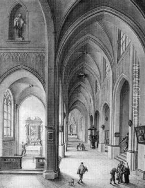 Figures In A Gothic Dutch Church Oil Painting - Johann Ludwig Ernst Morgenstern